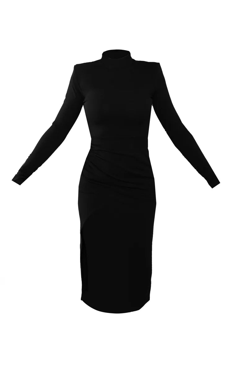 Black Crepe High Neck Split Sleeve Midi Dress