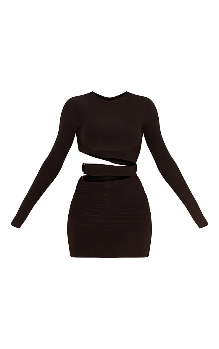 Black Slinky Cut Out Waist Ring Detail Bodycon Dress