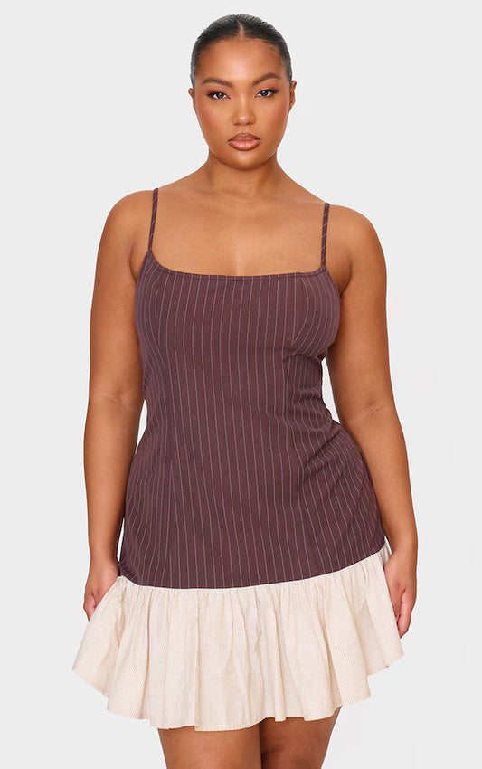 Plus Brown Contrast Pinstripe Frill Hem Shift Dress