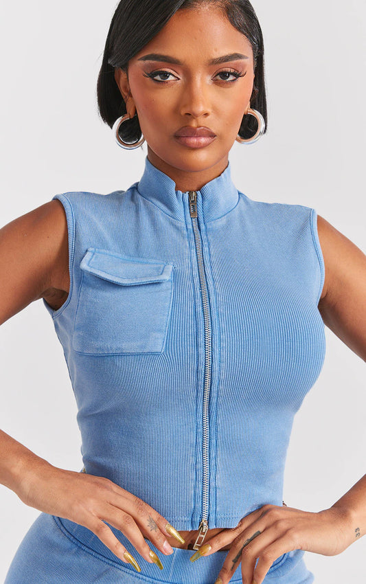 Shape Blue Rib Zip Through Pocket Sleeveless Top