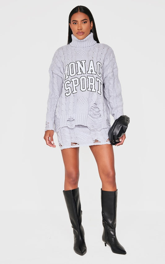 Plt - Grey Cable Knit Distressed Hem Embroidered Roll Neck Jumper
