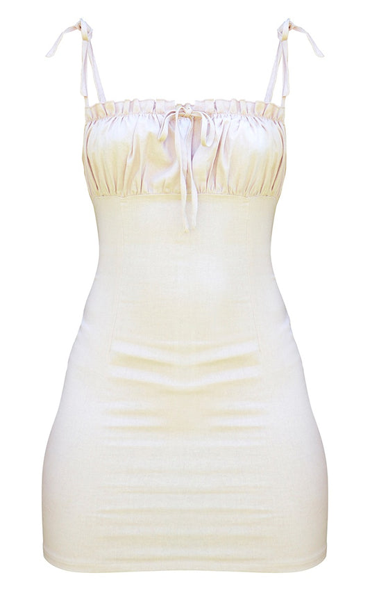 Beige Ruched Bust Tie Strap Detail Bodycon Dress