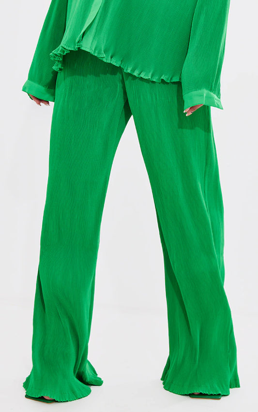 Bright Green Plisse High Waisted Wide Leg Pants