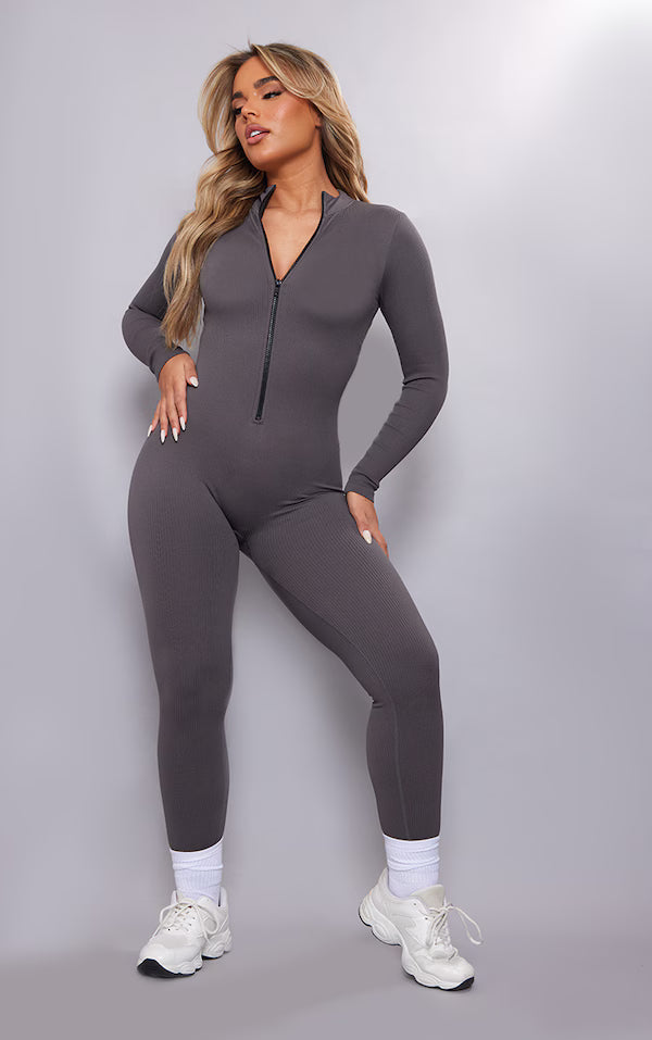 Slate Grey Structured Contour Rib Zip Jumpsuit
