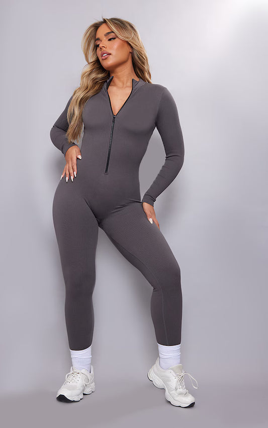 Slate Grey Structured Contour Rib Zip Jumpsuit
