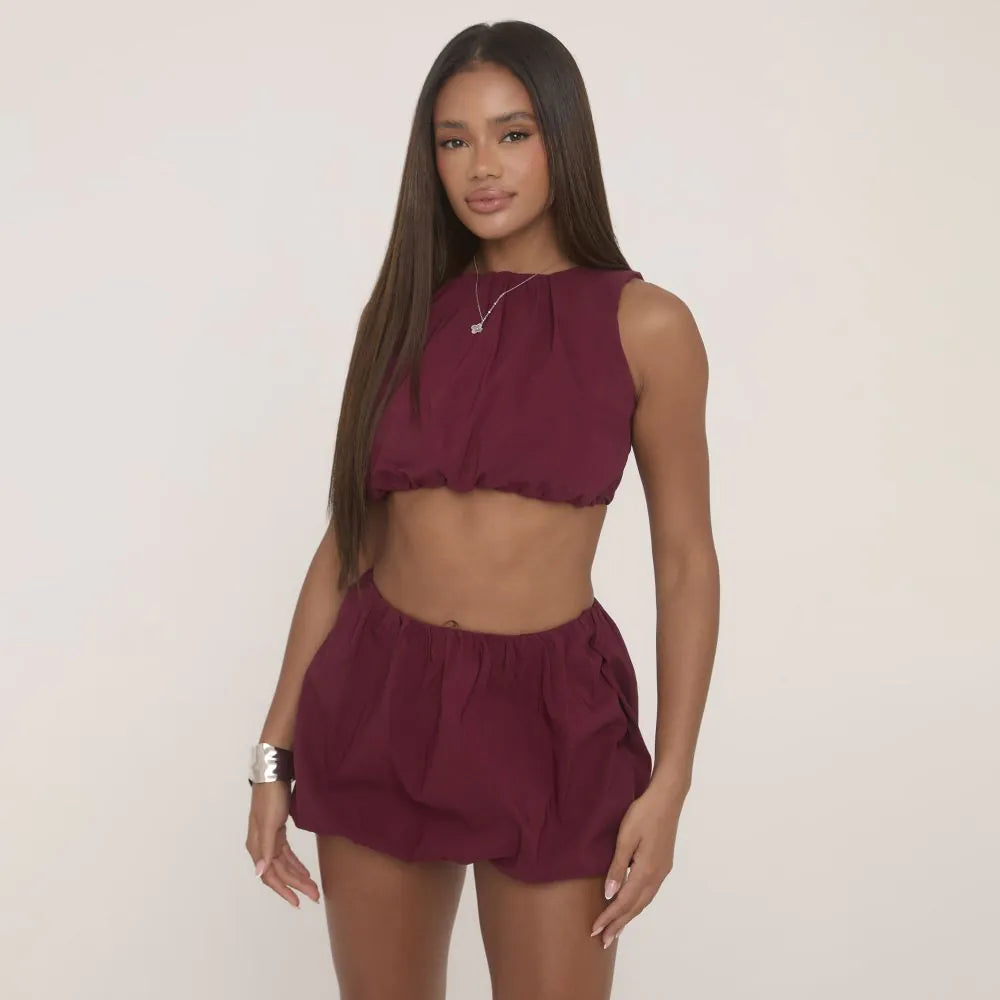 Sleeveless Crop Top And High Waist Puffball Mini Skirt Co-Ord Set In Burgundy
