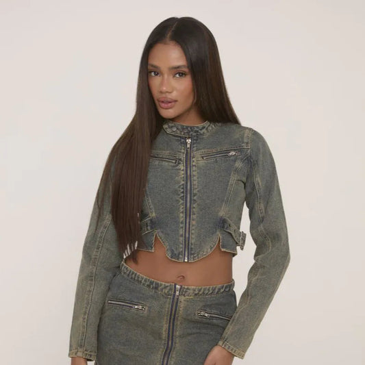 High Neck Zip Through Cropped Jacket In Washed Green Denim