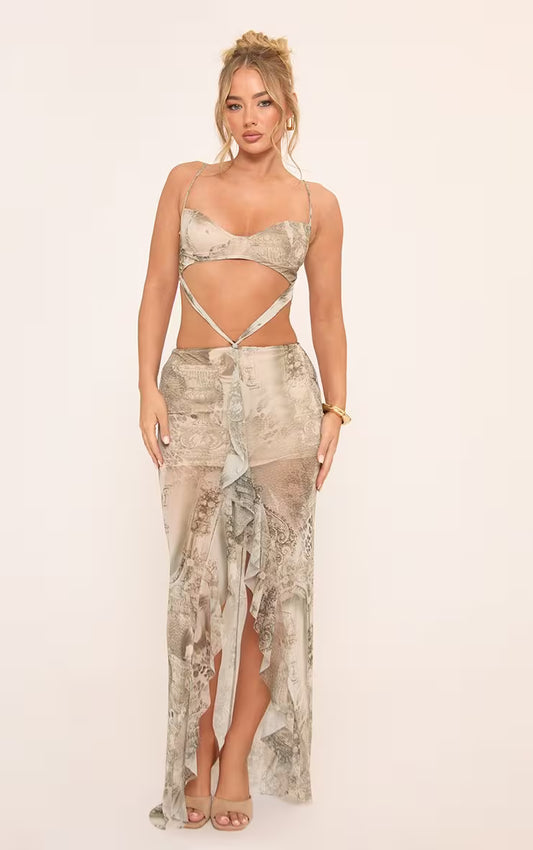 Ego ruffle front cut out strappy maxi dress in grey marl