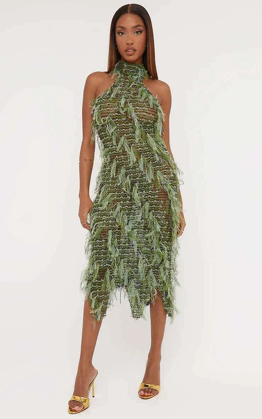 Ego - Halterneck Open Back Detail Textured Midaxi Dress In Blue Woven