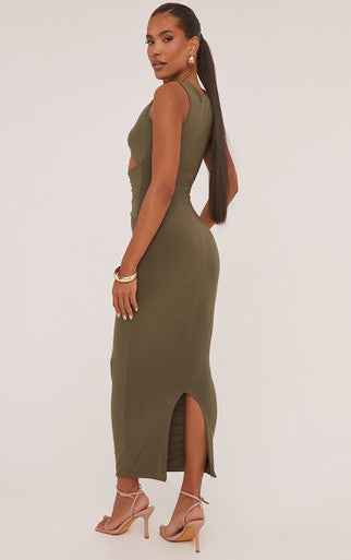 Sleeveless Cut Out Twist Front Detail Maxi Dress In Olive Green