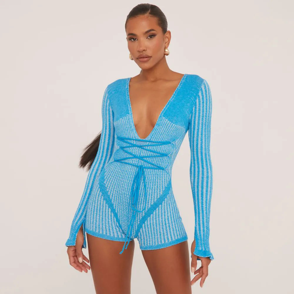 Long Sleeve Plunge Strappy Waist Playsuit In Contrast Bright Blue Knit