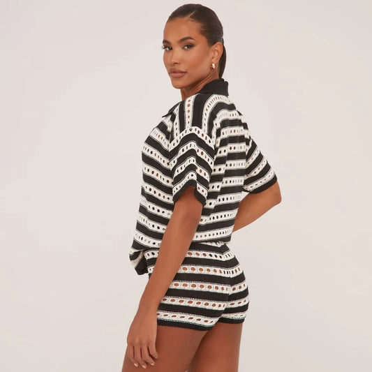 Low Rise Micro Shorts In Black And White Stripe Crochet Knit