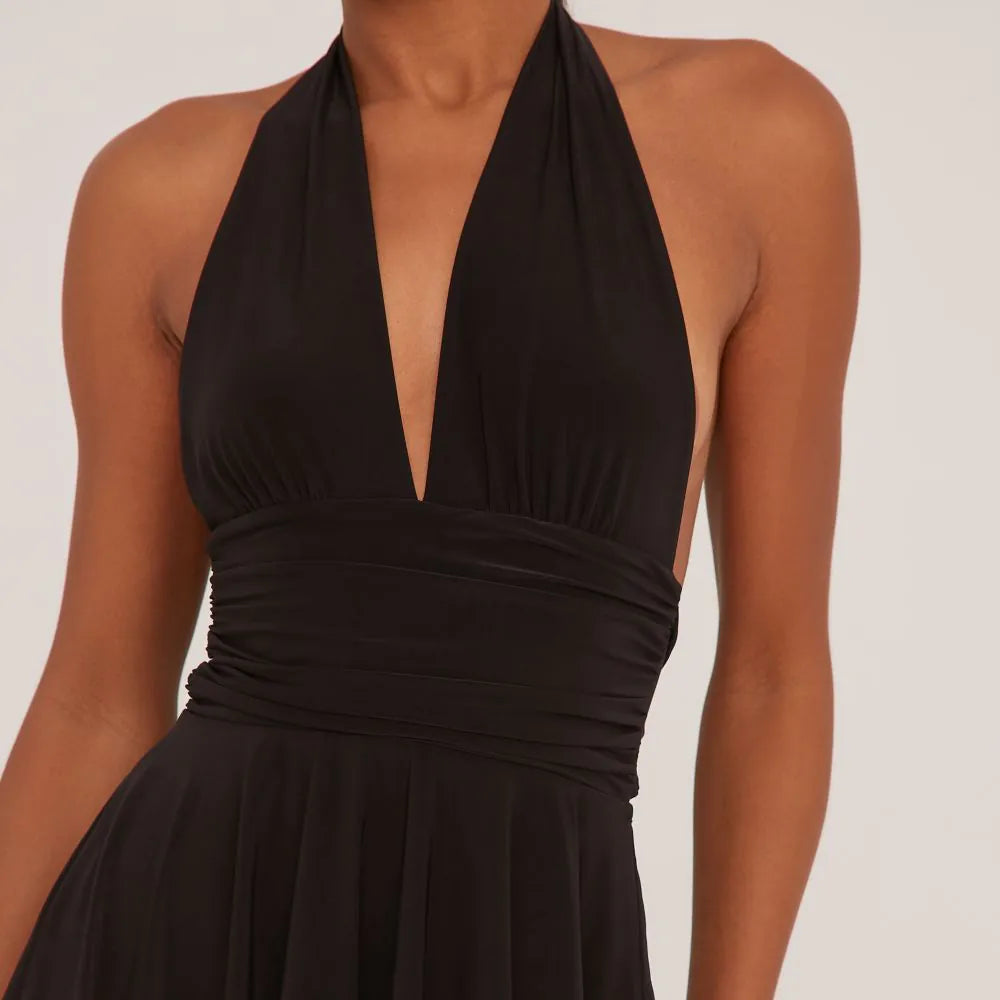 Plunge Halterneck Open Back Flippy Hem Mini Skater Dress In Black Slinky