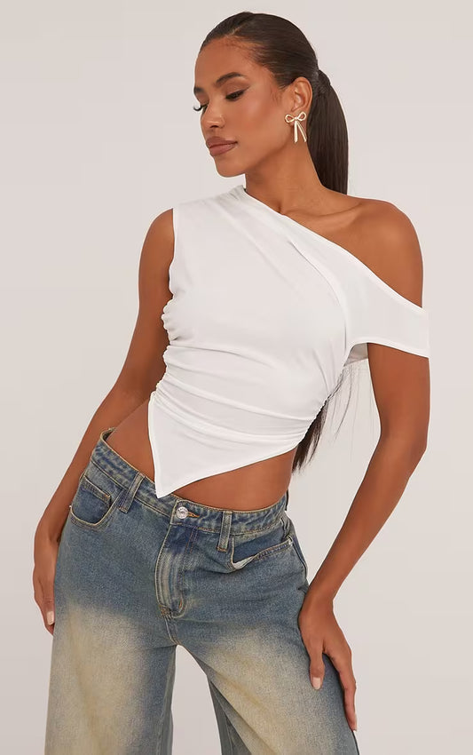 Ego - Slouchy One Shoulder Ruched Detail Top In Cream