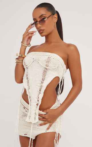 Ego - Bandeau Distressed Ladder Detail Pointed Hem Corset Top And Split Leg Mini Skirt Co-Ord Set