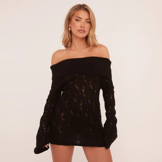 Fold Over Bardot Mini Bodycon Dress In Black Sheer Knit