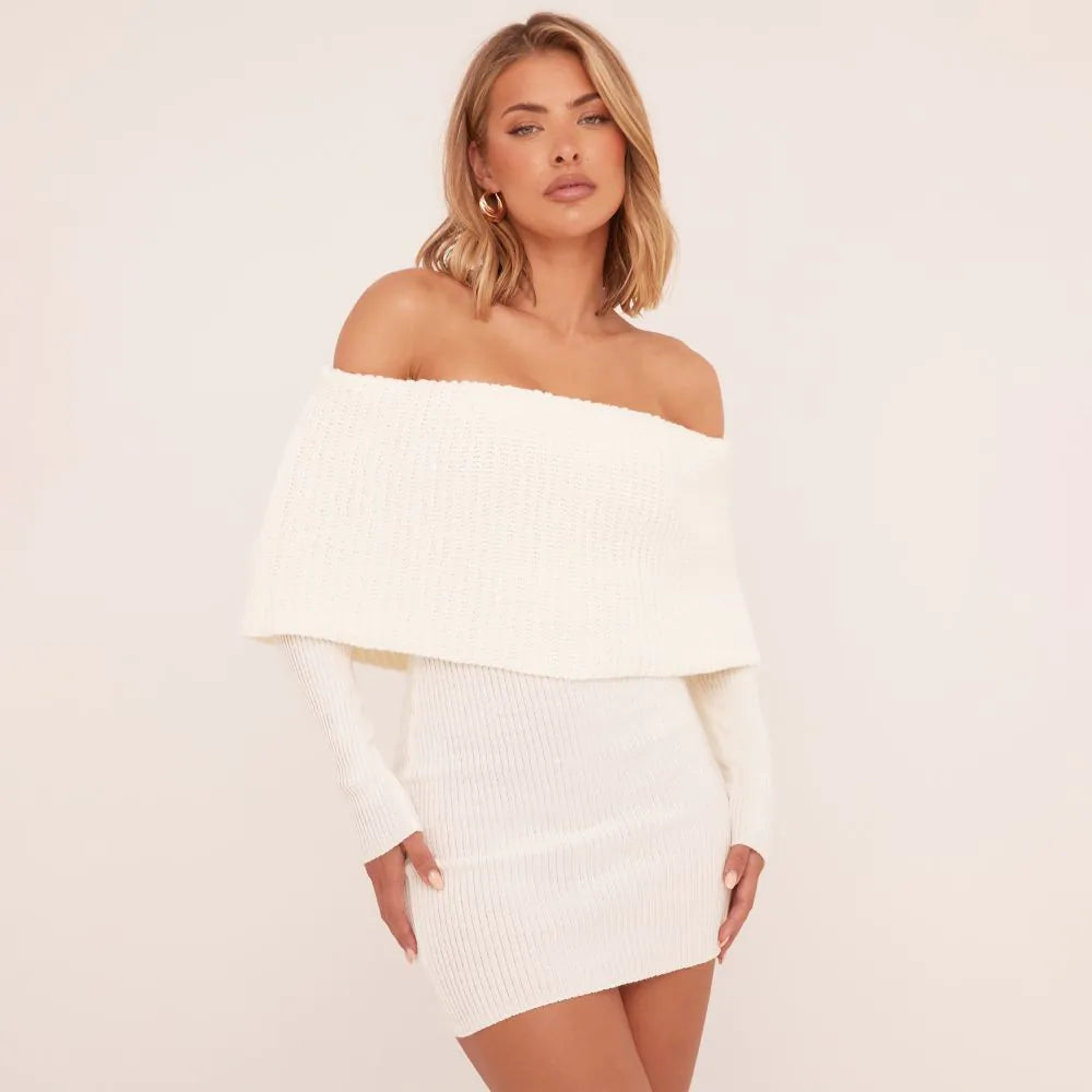 Extreme Fold Over Bardot Mini Bodycon Dress In Cream Knit