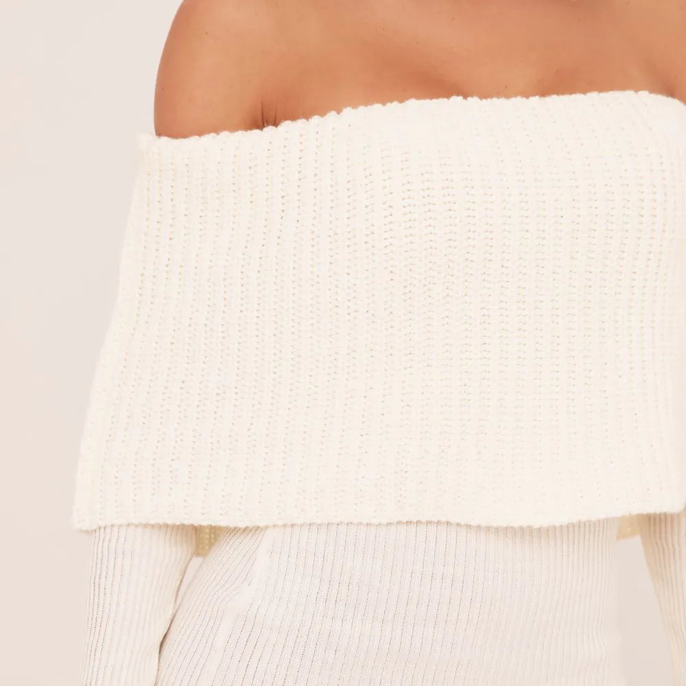 Extreme Fold Over Bardot Mini Bodycon Dress In Cream Knit