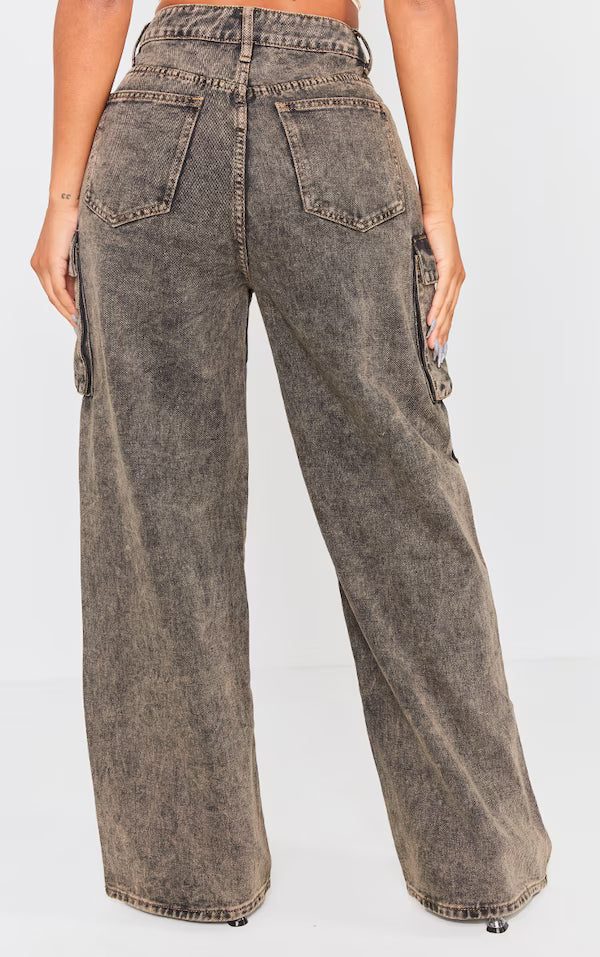 Shape Washed Brown Denim Pocket Detail Cargo Jeans