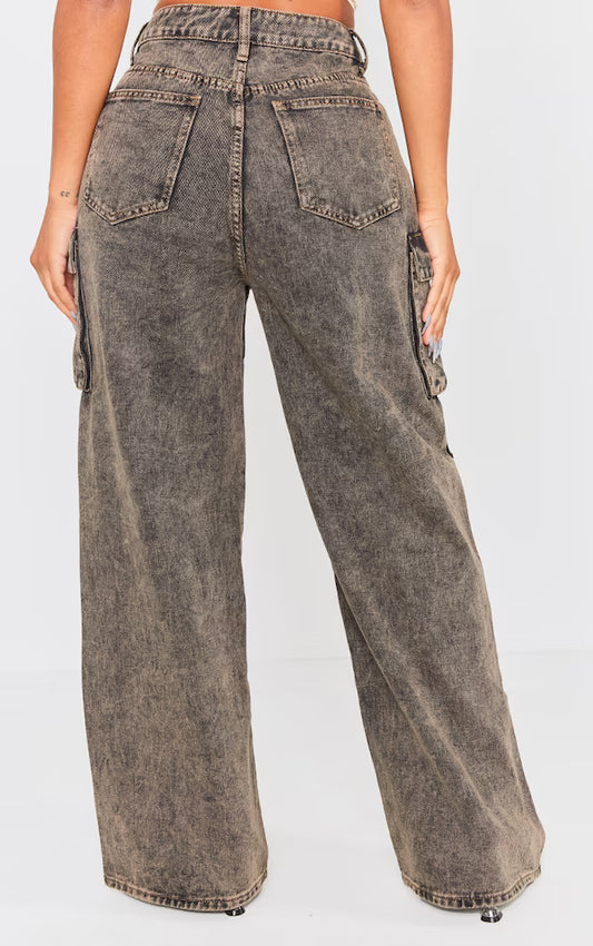 Shape Washed Brown Denim Pocket Detail Cargo Jeans