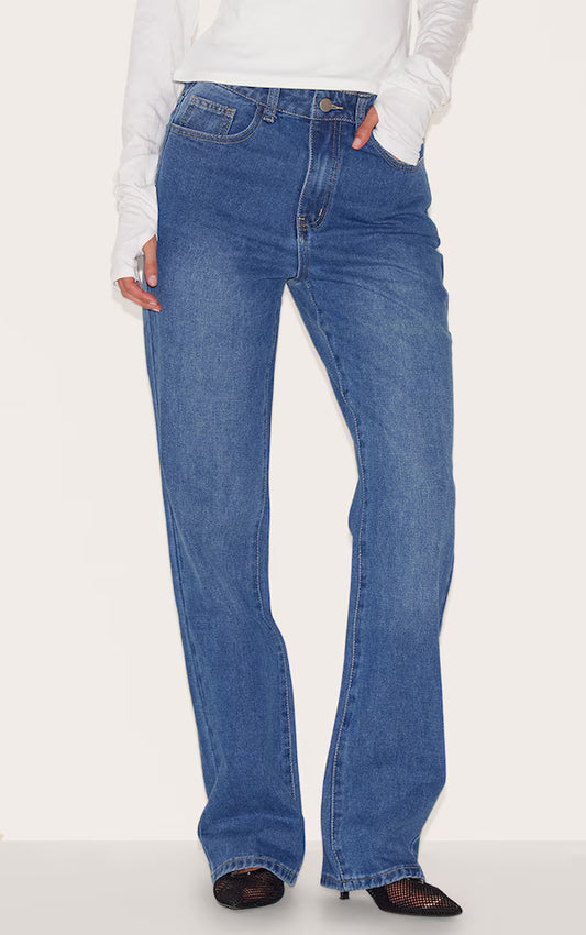 Mid Blue Wash Seam Detail Straight Leg Jeans