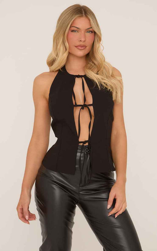 Ego - Halterneck Bow Tie Front Top In Black