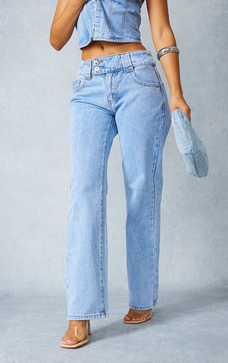 PETITE LIGHT BLUE WASH DENIM STRAIGHT LEG JEANS