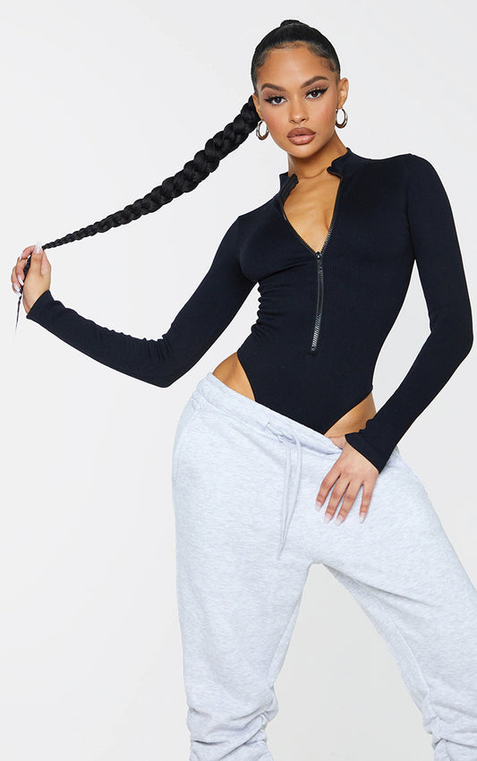Black Contour Rib Zip Up Long Sleeve Bodysuit