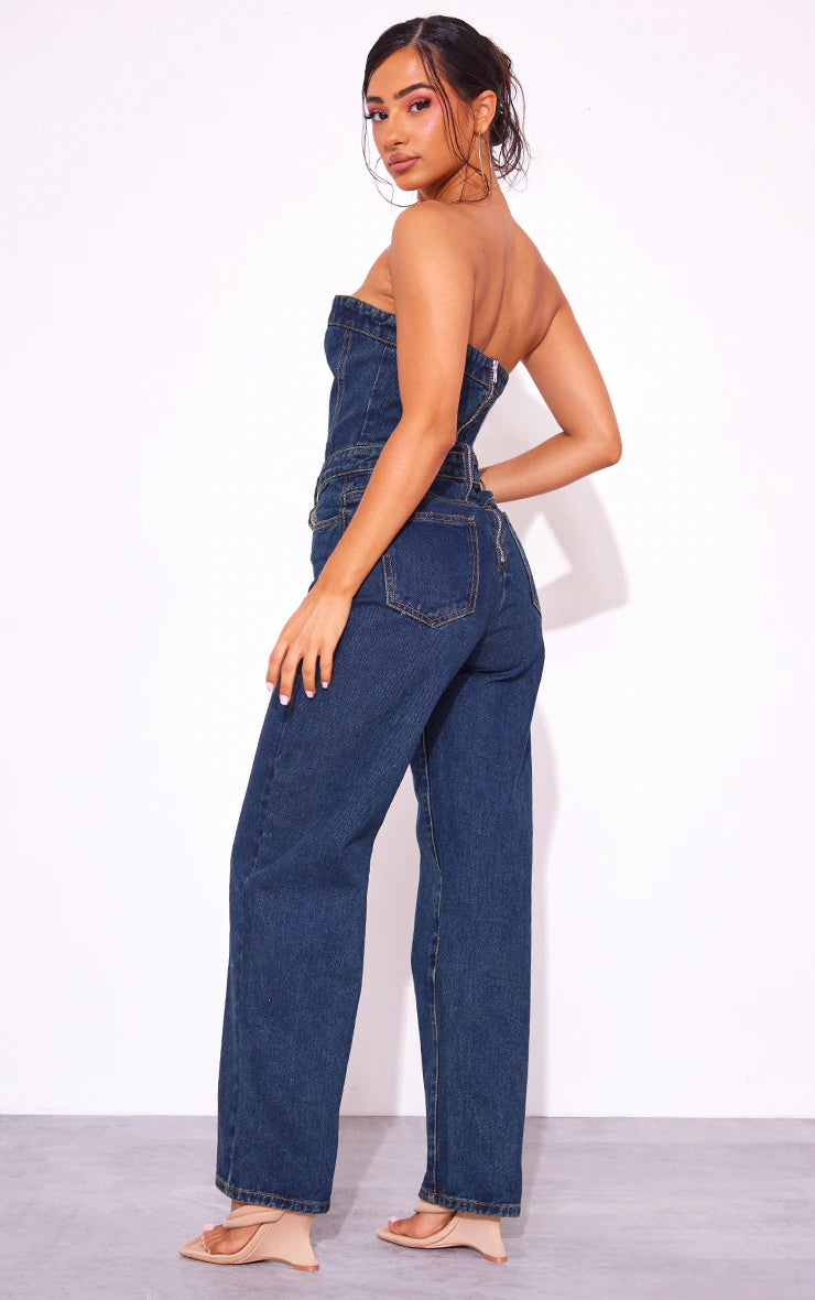 Petite Vintage Wash Bandeau Denim Wide Leg Jumpsuit