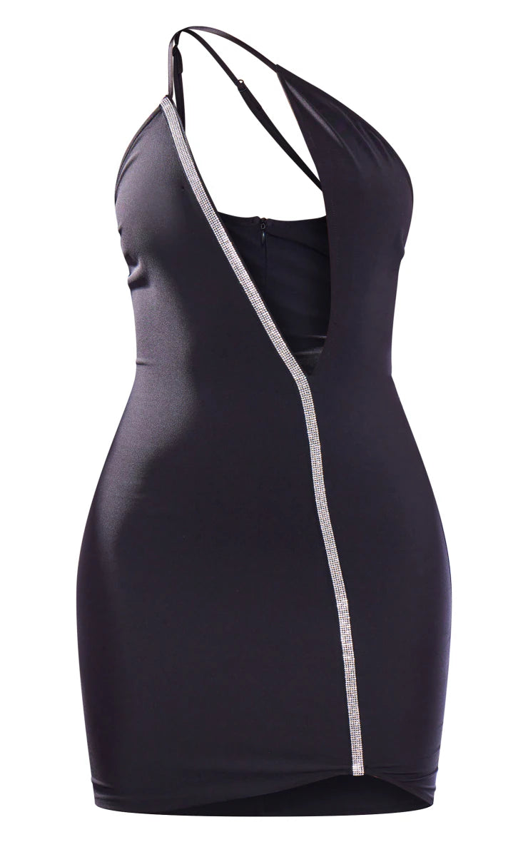 Black Diamante Trim One Shoulder Cut Out Bodycon Dress