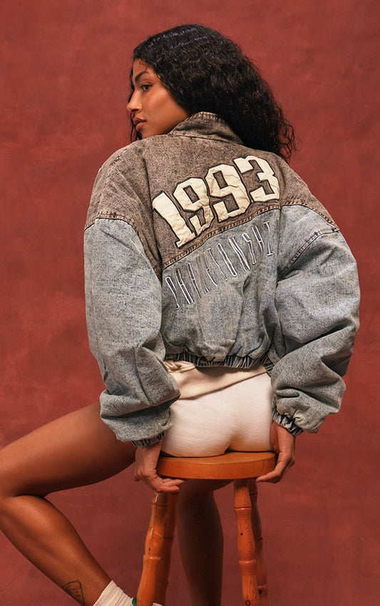 Washed Grey Acid Wash California Oversized Spliced Bomber Jacket