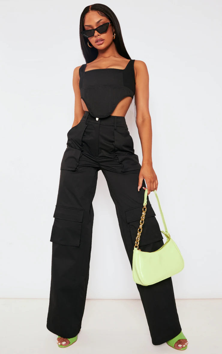 Black Twill Dip Hem Structured Cargo Corset