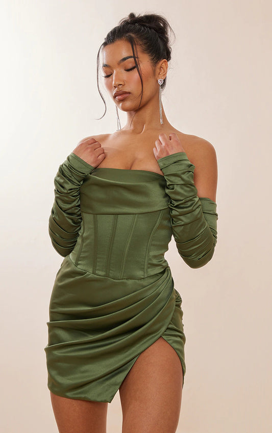 Sage Khaki Satin Corset Ruched Sleeve Bodycon Dress