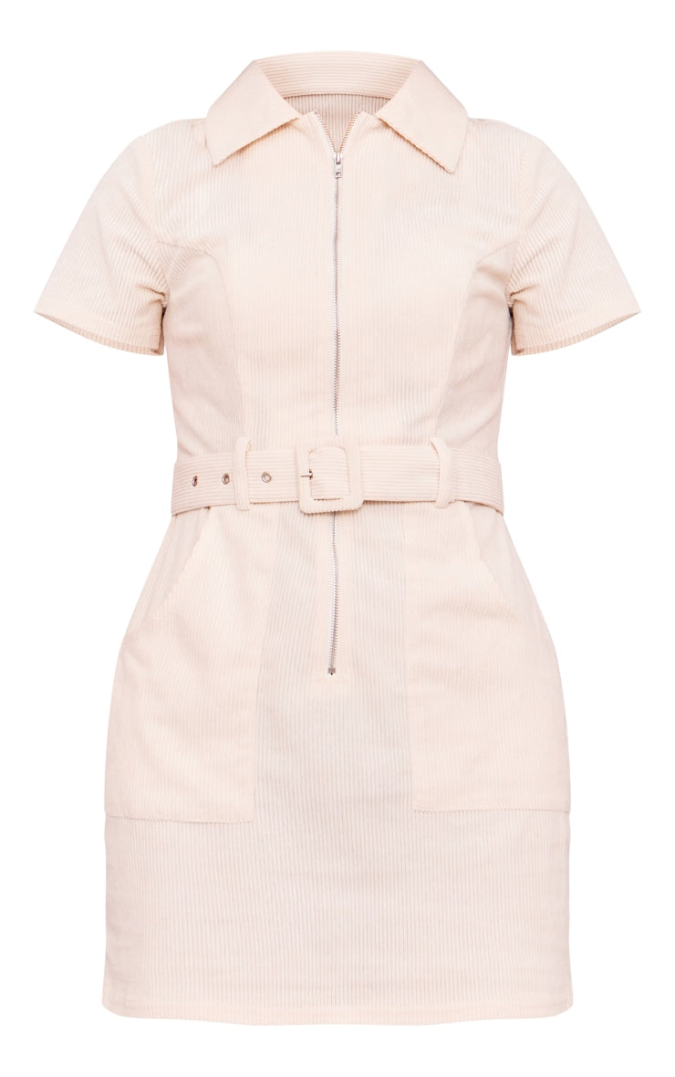 Cream Cord Zip Up Belted Bodycon Dress