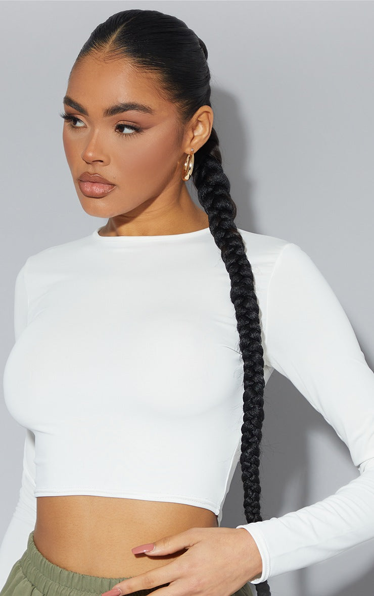 White Slinky Long Sleeve Round Neck Crop Top