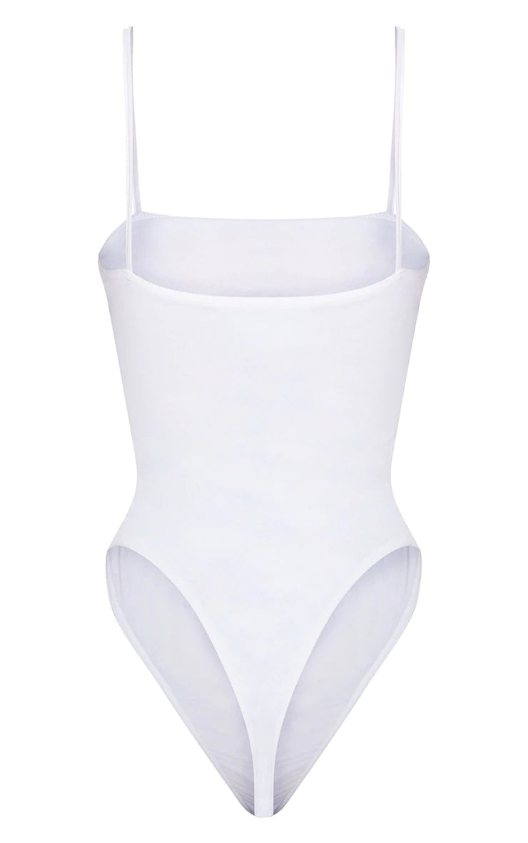 Shape White Mesh Ruched Detail Thong Bodysuit