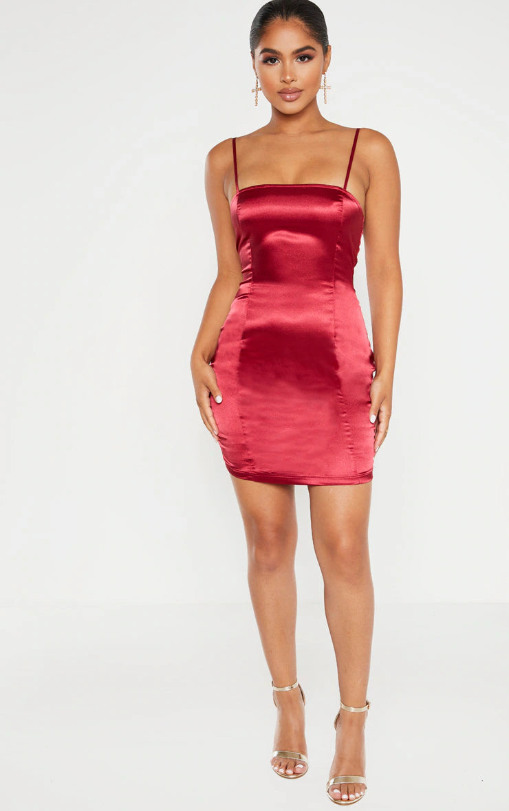 Petite Burgundy Satin Strappy Straight Neck Bodycon Dress