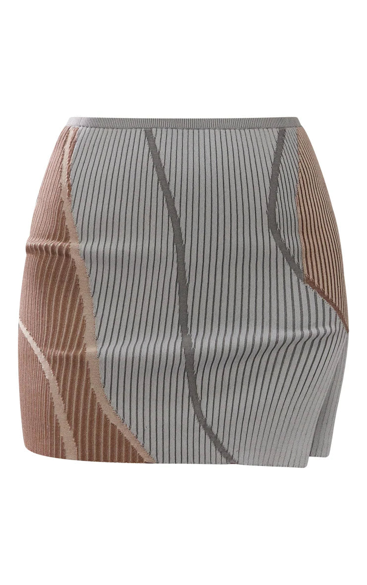 Taupe Asymmetric Two Tone Knit Micro Mini Skirt