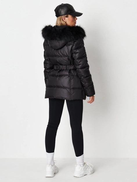 Gold Trim Belted Hood Puffer Jacket