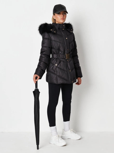 Gold Trim Belted Hood Puffer Jacket