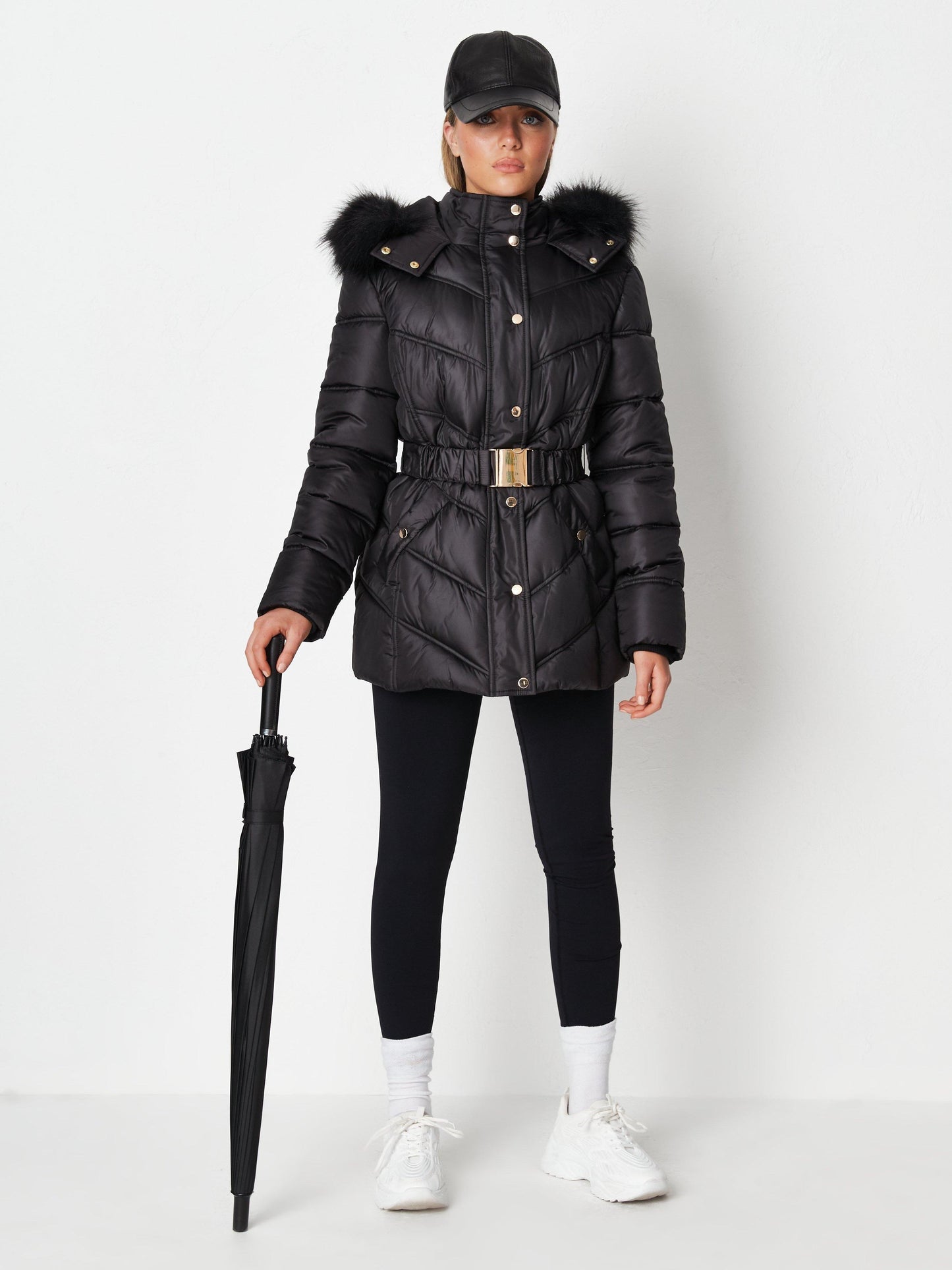 Gold Trim Belted Hood Puffer Jacket