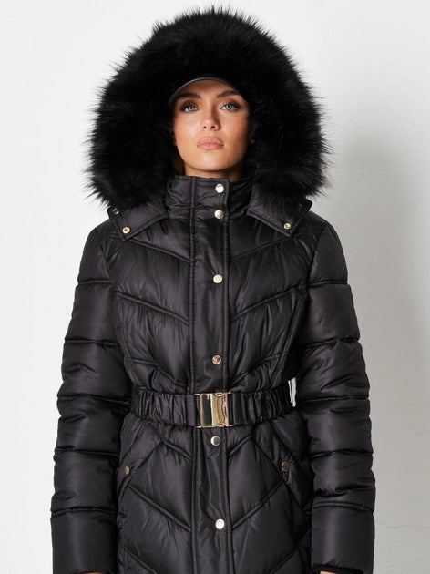 Gold Trim Belted Hood Puffer Jacket