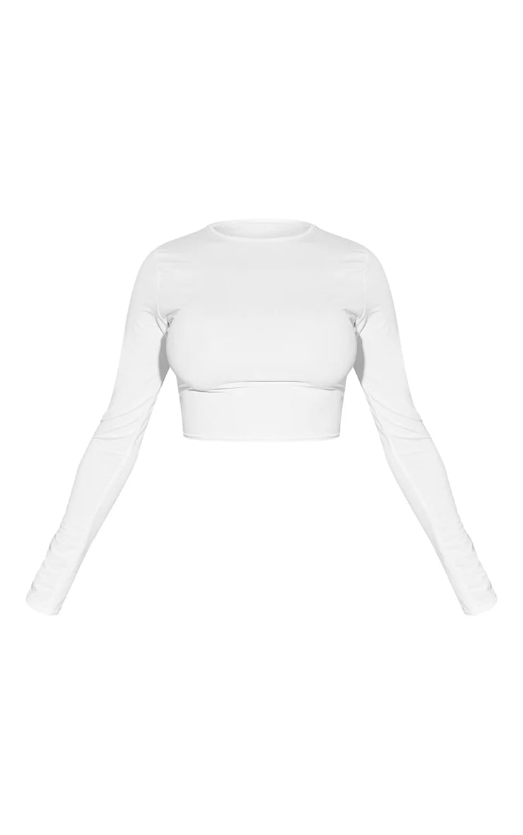 White Slinky Long Sleeve Round Neck Crop Top