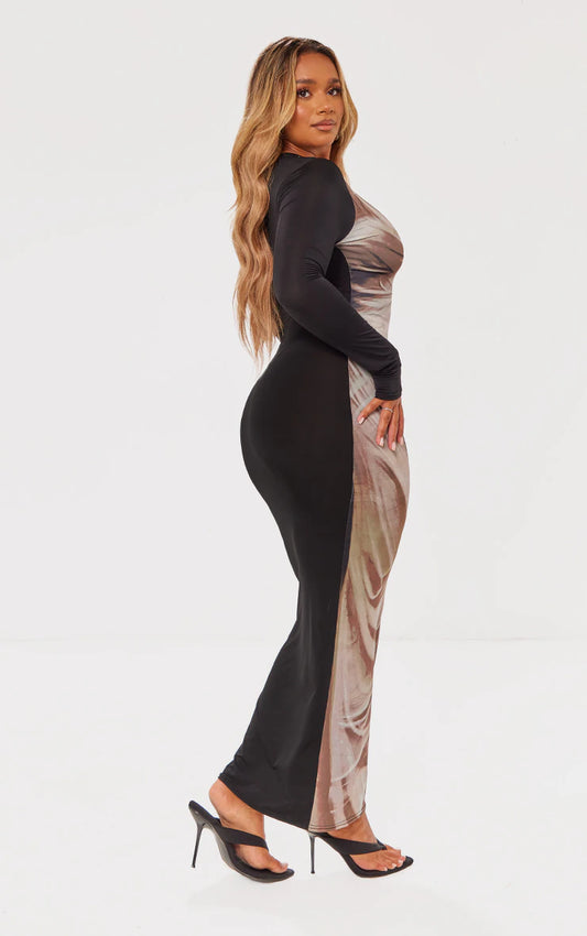 Shape Stone Slinky Body Print Long Sleeve Maxi Dress