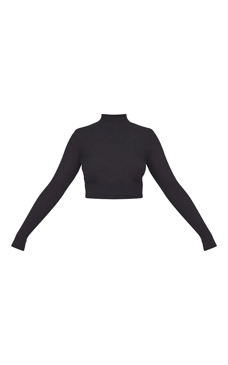 BLACK BASIC SOFT RIBBED HIGH NECK LONG SLEEVE CROP TOP