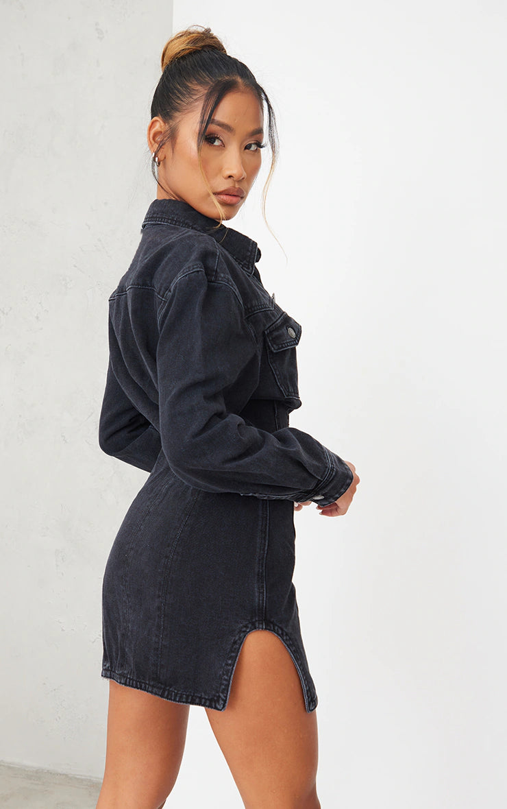 Washed Black Seam Detail Long Sleeve Denim Dress