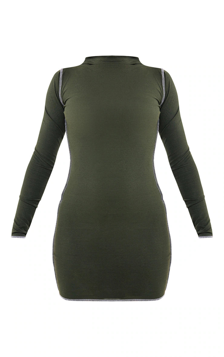 Khaki Cotton Contrast Seam Long Sleeve Bodycon Dress