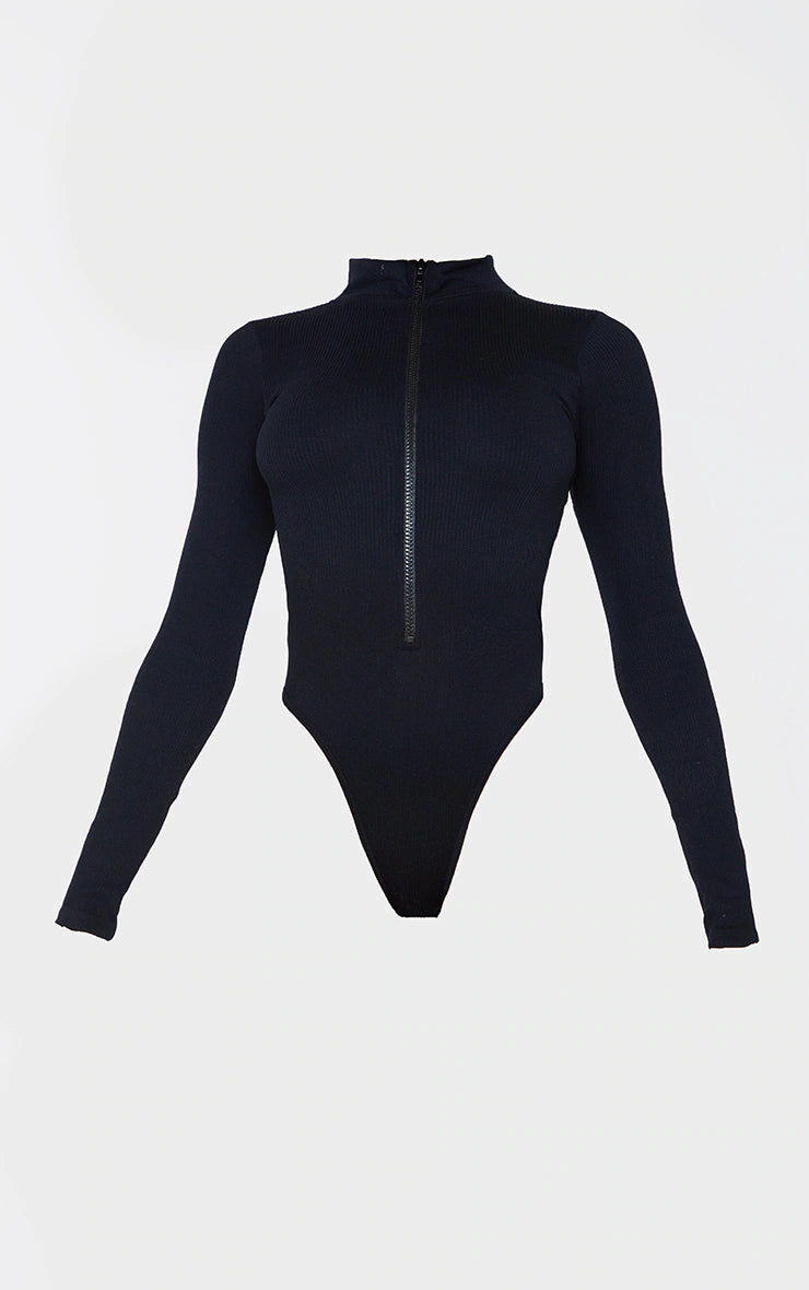 Black Contour Rib Zip Up Long Sleeve Bodysuit