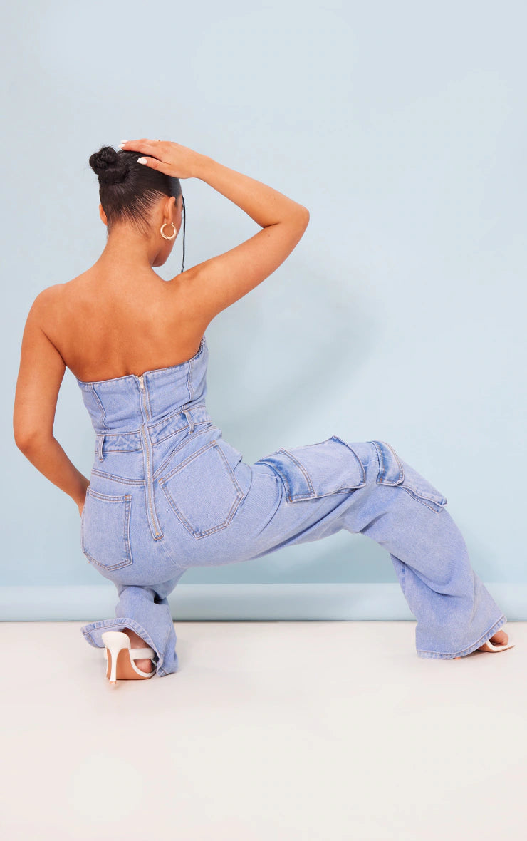 LIGHT BLUE WASH CARGO POCKET BANDEAU DENIM JUMPSUIT