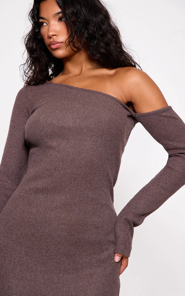 Chocolate Heavy Brushed Asymmetric Maxi Dress